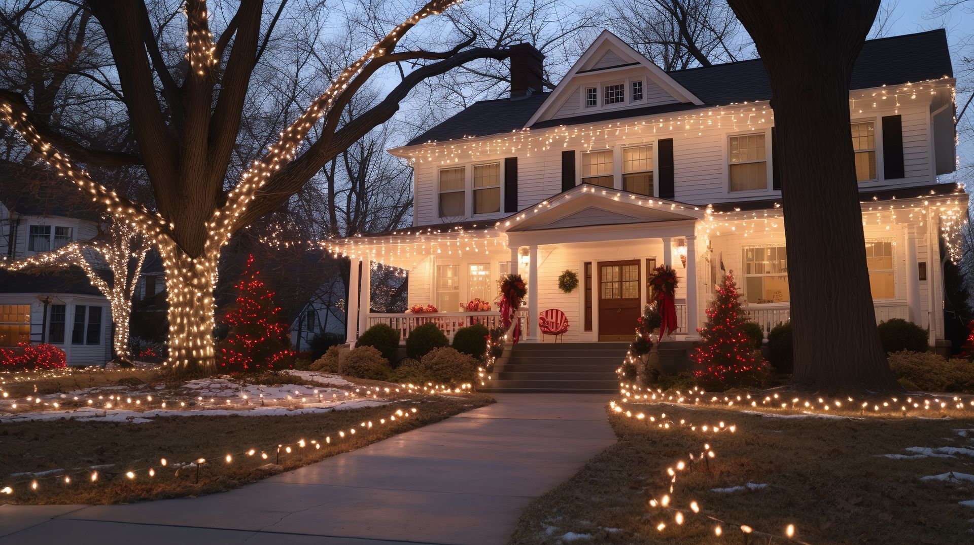 A house is decorated with Christmas lights and trees