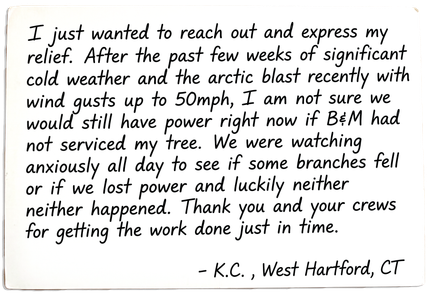 A testimonial card from K.C. in West Hartford, CT, thanking B&M for tree services that prevented power loss during a storm.