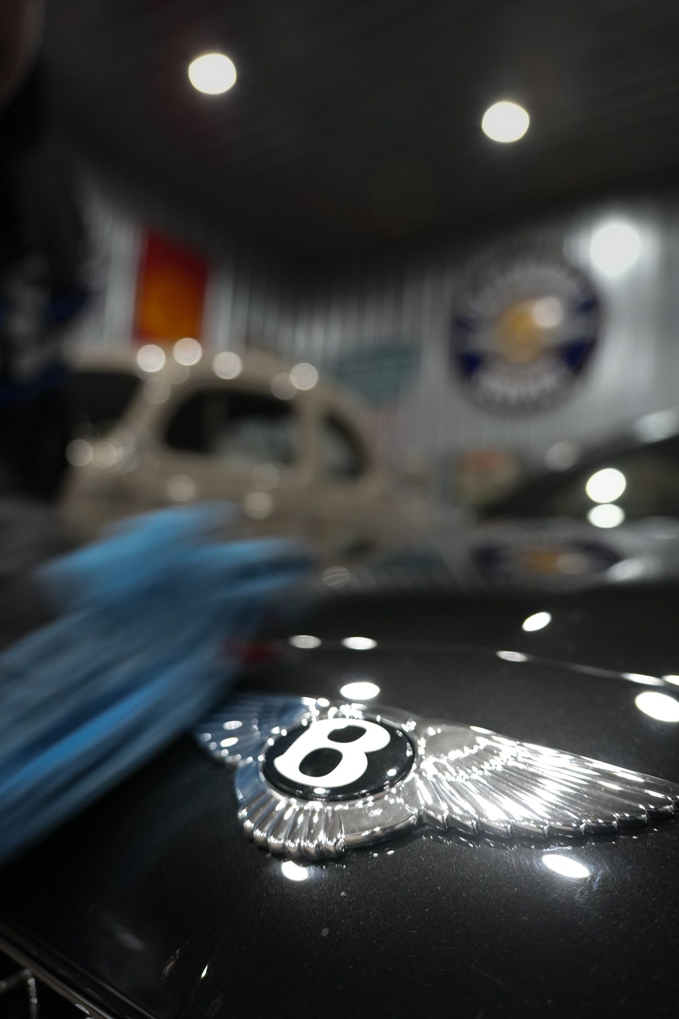 A bentley logo is on the hood of a car