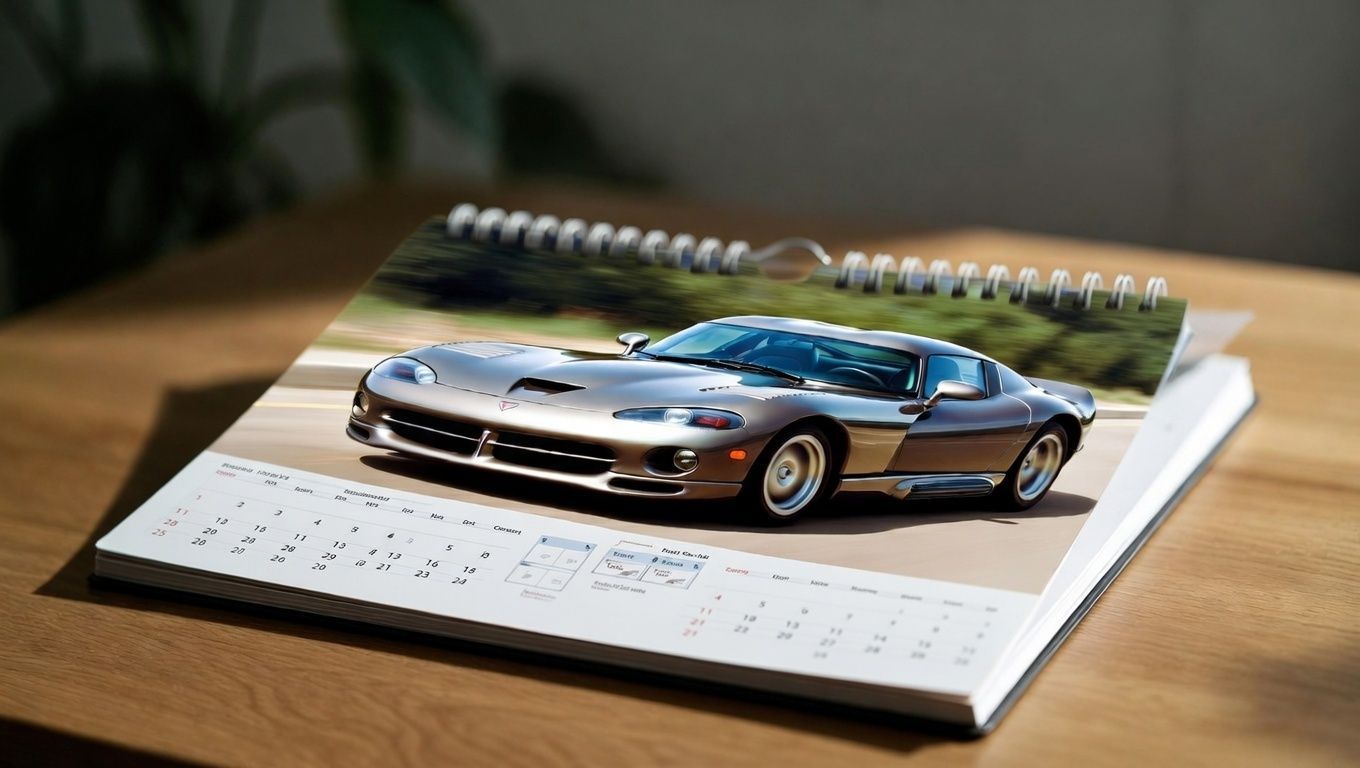 Calendar open on a table, featuring a silver Dodge Viper on the current month's page.