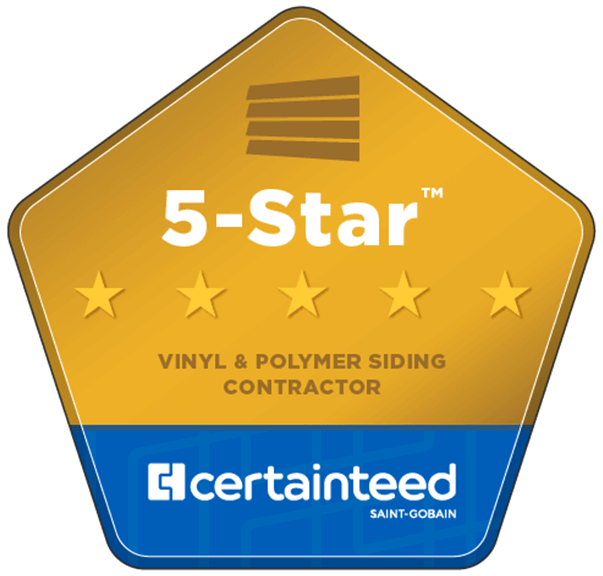 5-Star vinyl siding contractor badge with gold, blue, and the CertainTeed logo.