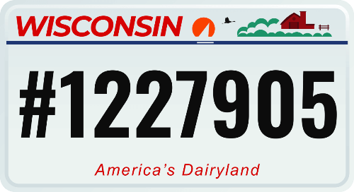 Wisconsin license plate: white with black text, 