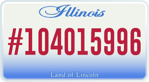 Illinois license plate: white, blue gradient, red text reading 