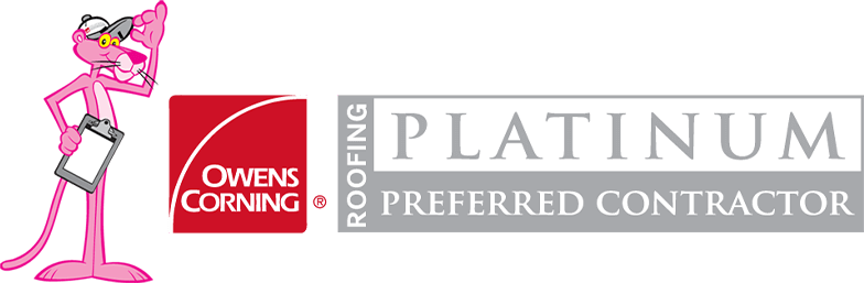 Pink Panther with a clipboard next to the Owens Corning logo and 