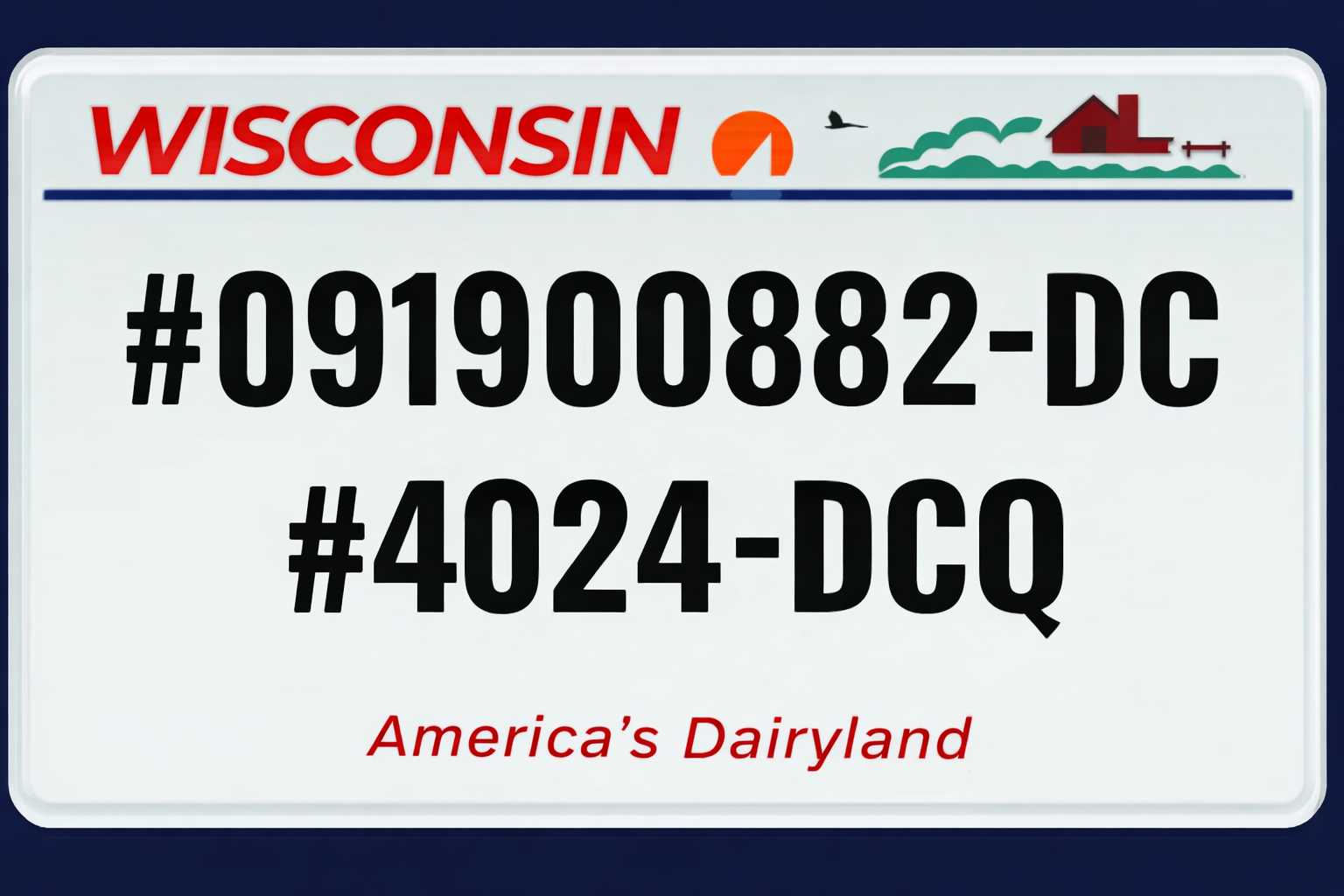Wisconsin license plate: white with black text, 