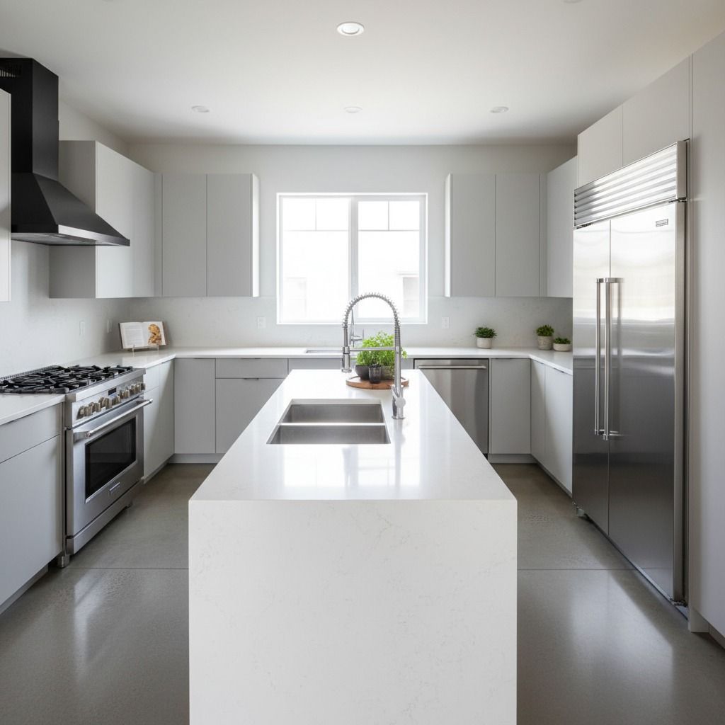 Modern kitchen with a white quartz island, stainless steel appliances, light gray cabinets, and polished concrete floors.