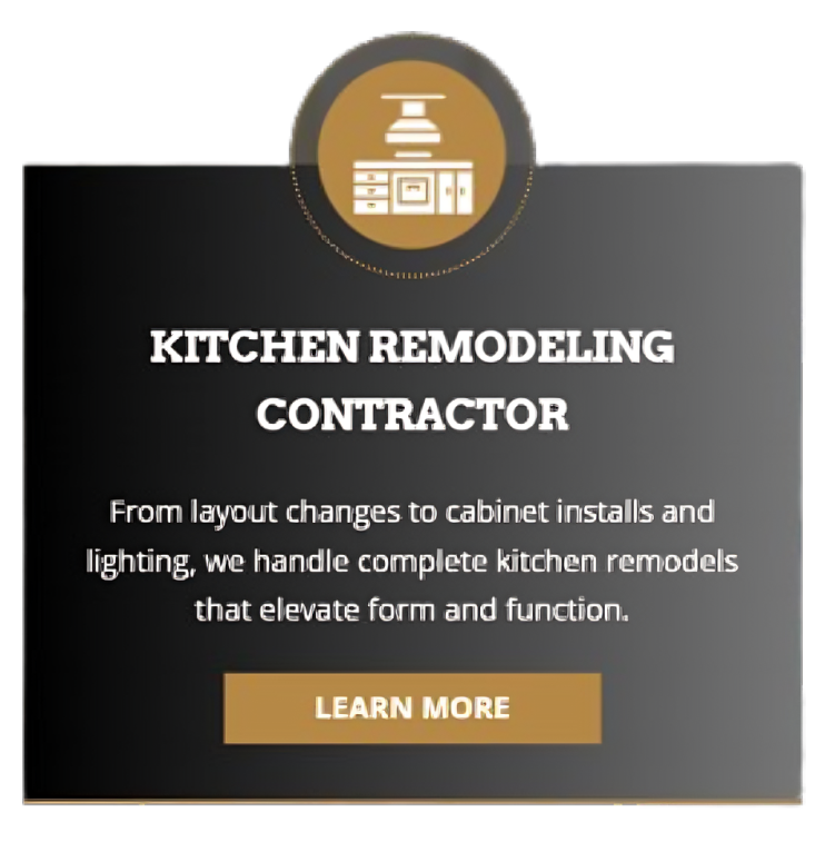 A black rectangular graphic titled Kitchen Remodeling Contractor, featuring a gold icon of kitchen cabinets and a button.