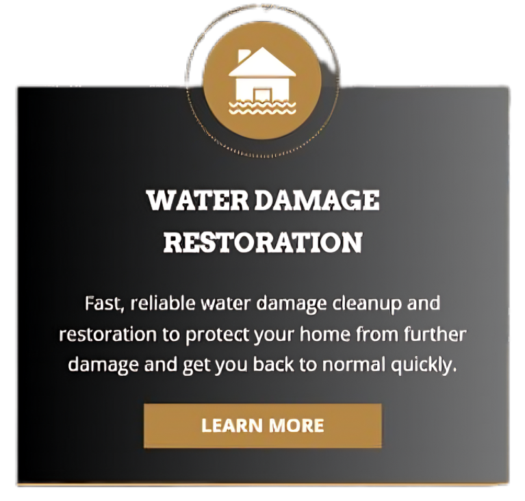 Water damage restoration service graphic featuring a house icon, descriptive text, and a "Learn More" button.