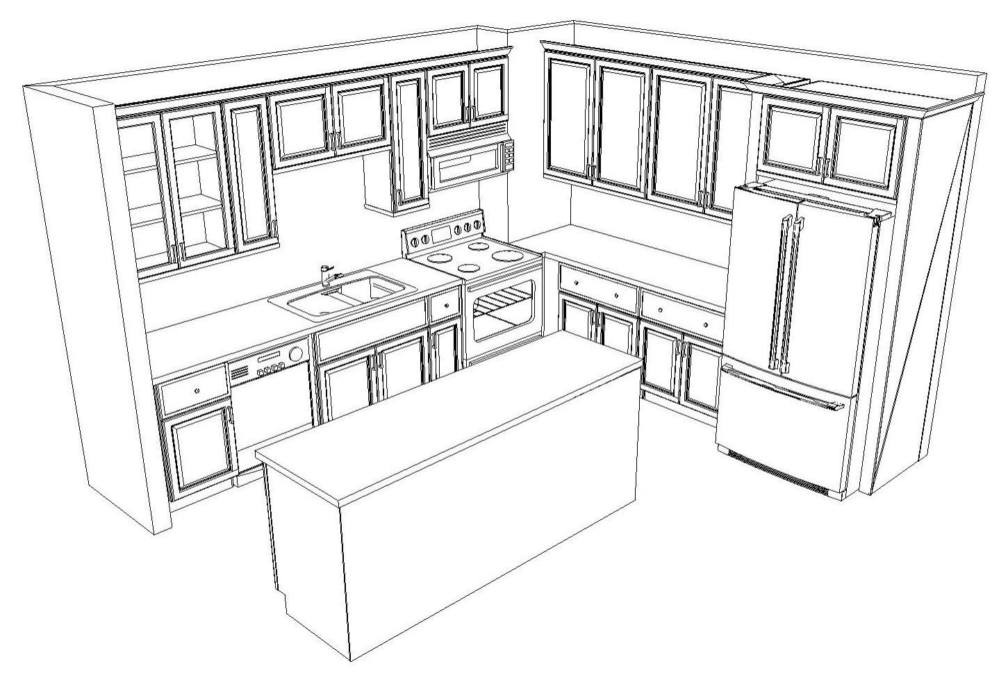 A black-and-white line drawing of a U-shaped kitchen layout featuring cabinetry, appliances, and a central kitchen island.