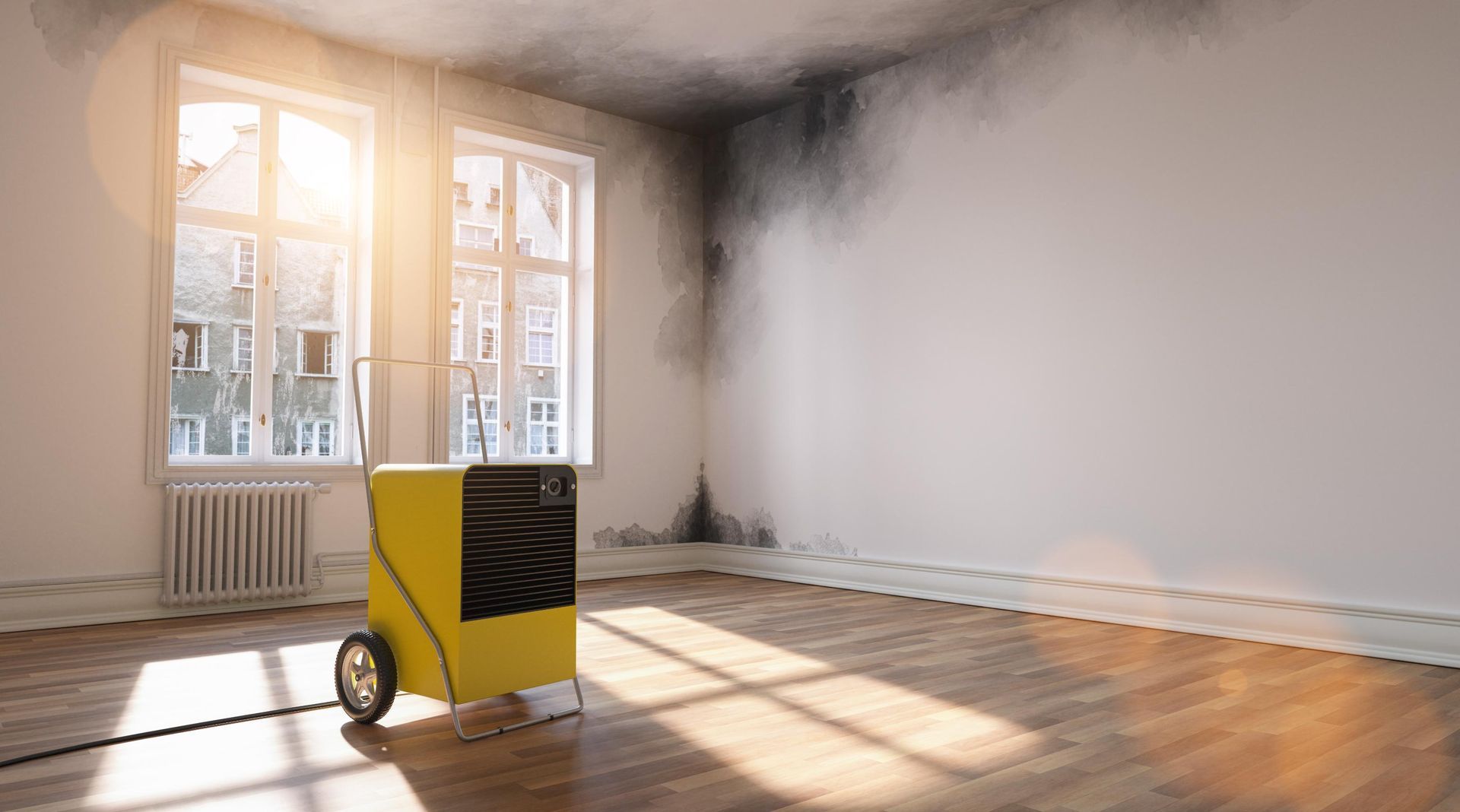 A room with mold damage. A yellow dehumidifier is in the foreground, near a window with sunlight shining.