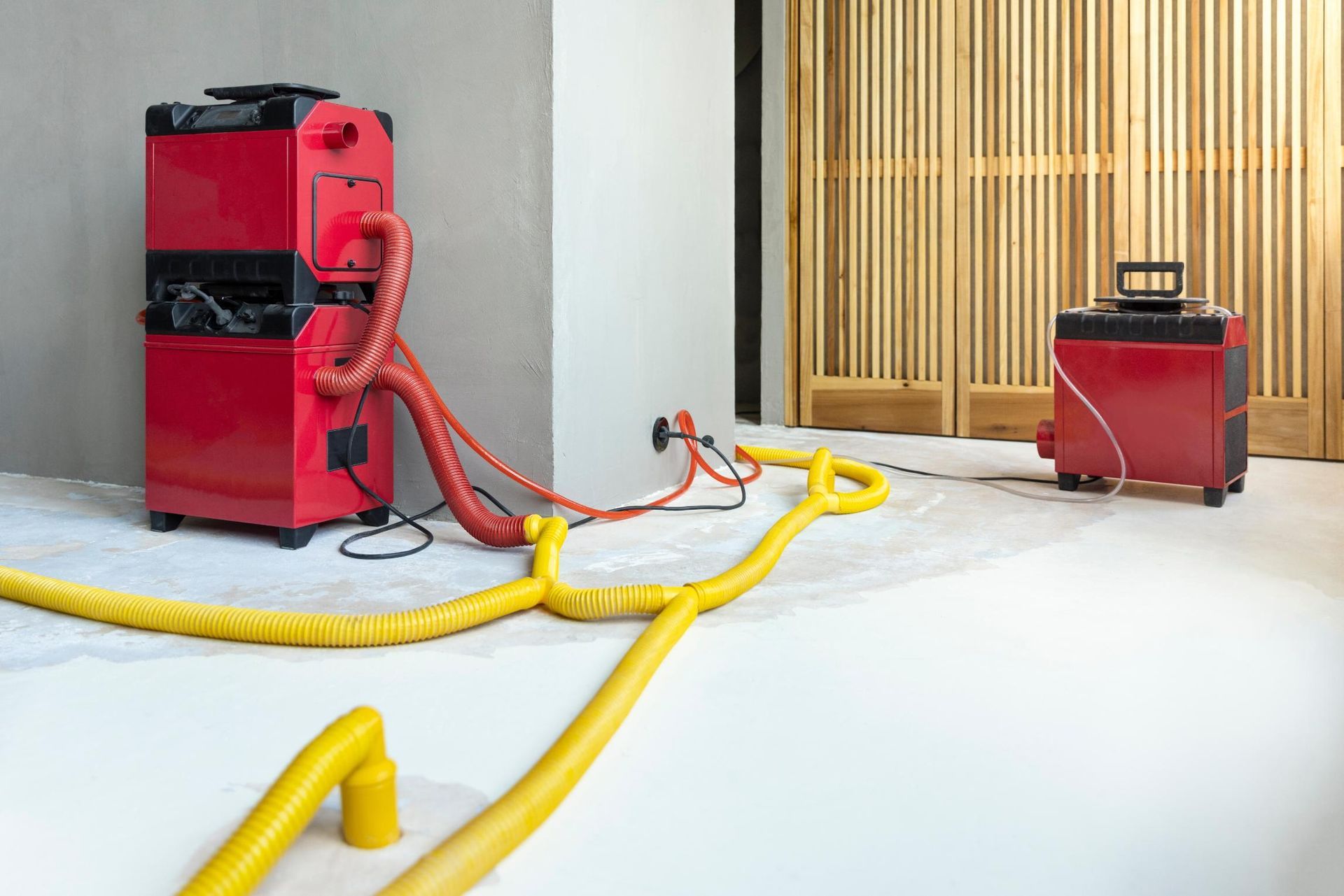 Two red machines connected by yellow hoses on a flooded floor, near a wall and wooden screen.