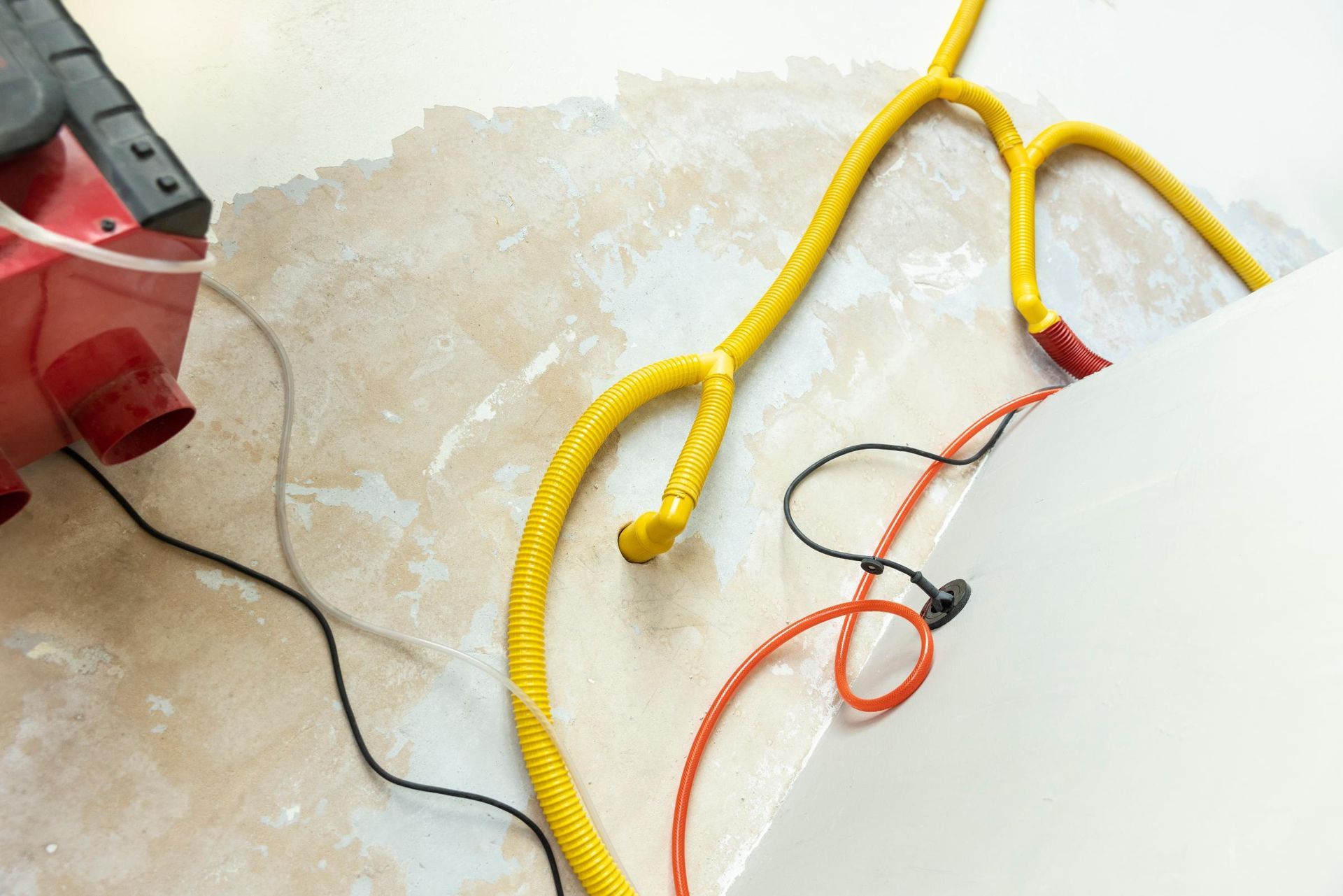 Yellow and black electrical cords and a red machine lie on a wet floor near a white wall.