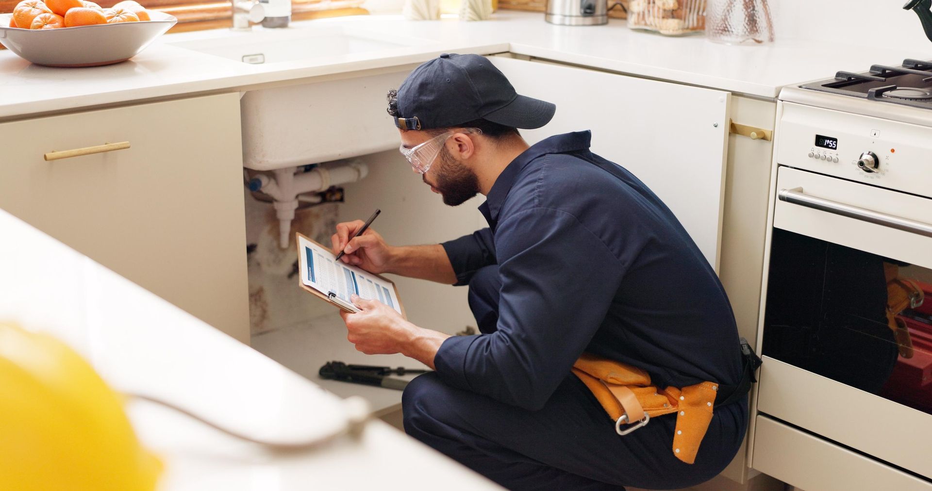 Plumber kneels under a kitchen sink, examining pipes and writing on a clipboard.