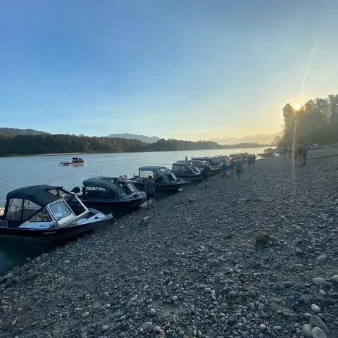 A row of boats are parked on the shore of a lake.