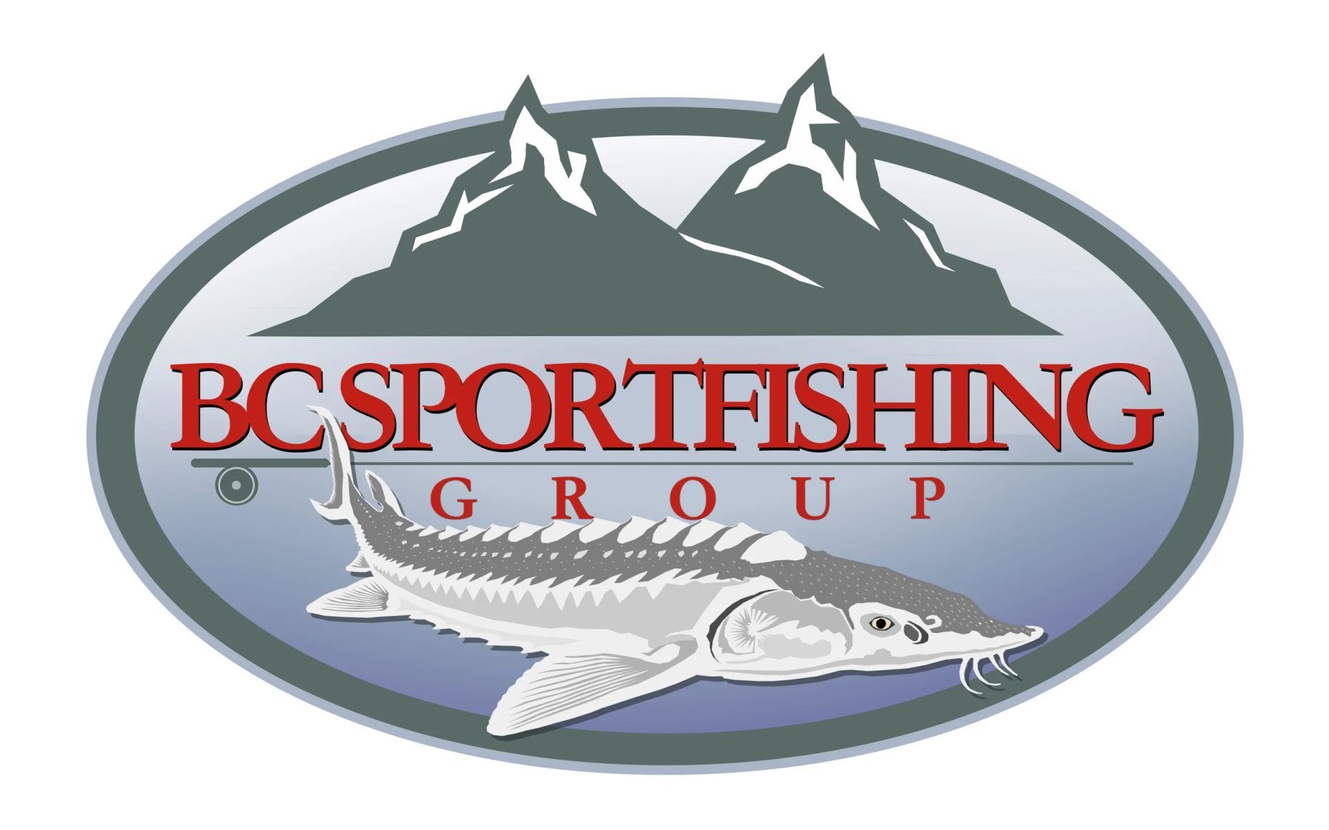 A logo for bc sportfishing group with a mountain in the background