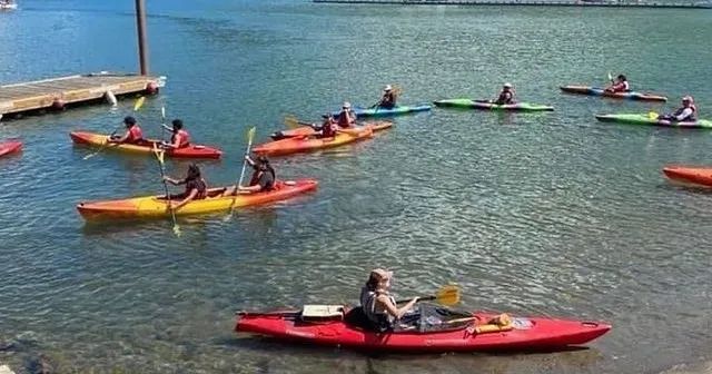 A group of people are kayaking on a lake.