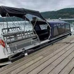 A boat is docked at a dock next to a lake.