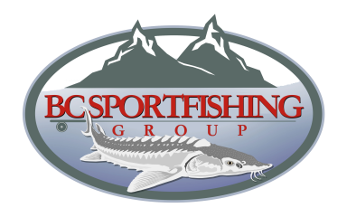 A logo for bc sportfishing group with a fish and mountains in the background