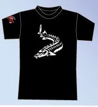 A black t-shirt with a white fish on it.