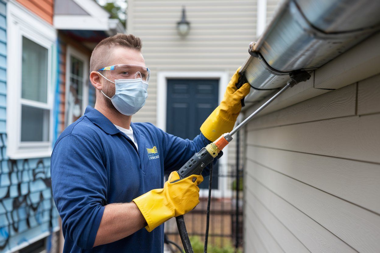 A man wearing a mask and gloves is cleaning a gutter on a house.