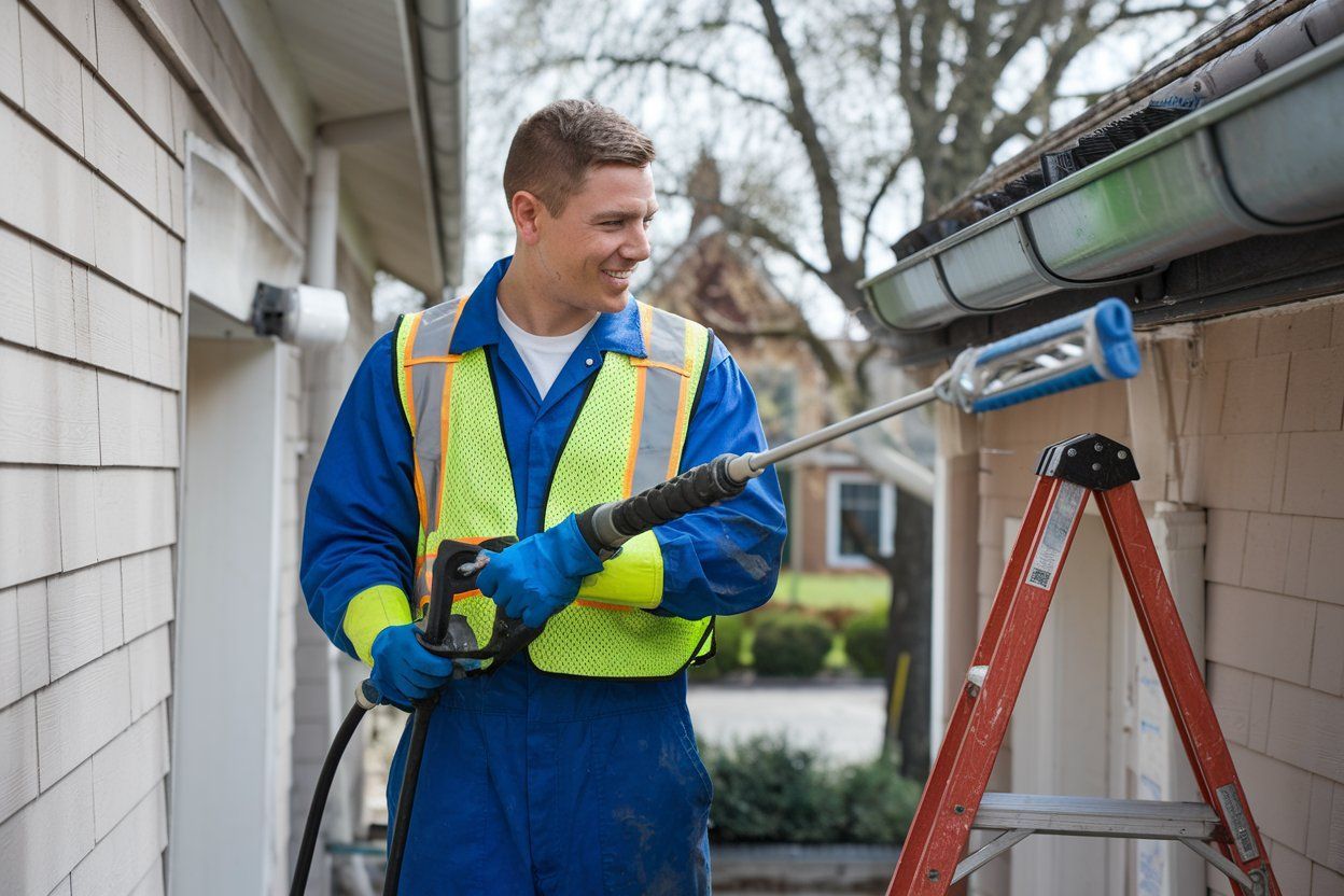 A man is cleaning the side of a house with a high pressure washer.