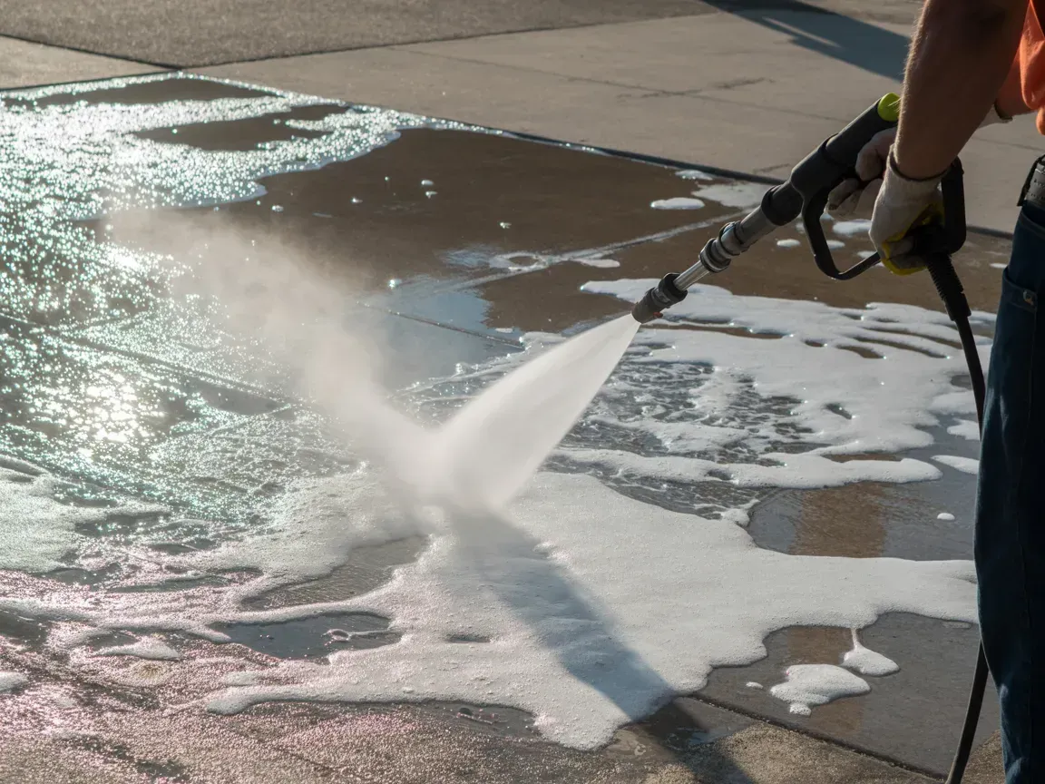 A person wearing work gloves pressure washes a concrete surface covered in thick white foam.
