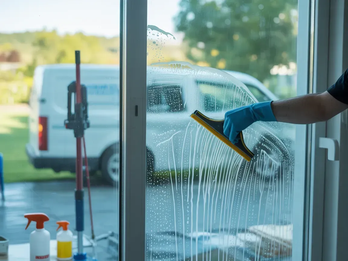 A man is cleaning the windows of a building with a high pressure washer.