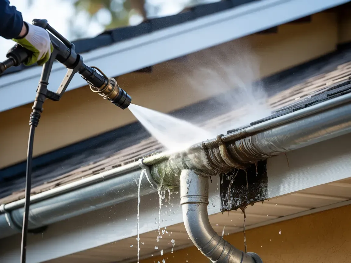 A worker uses a high-pressure power washer to clean debris and buildup from a metal roof gutter.