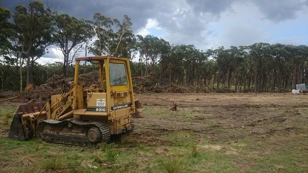 A bulldozer is parked in a field with trees in the background.