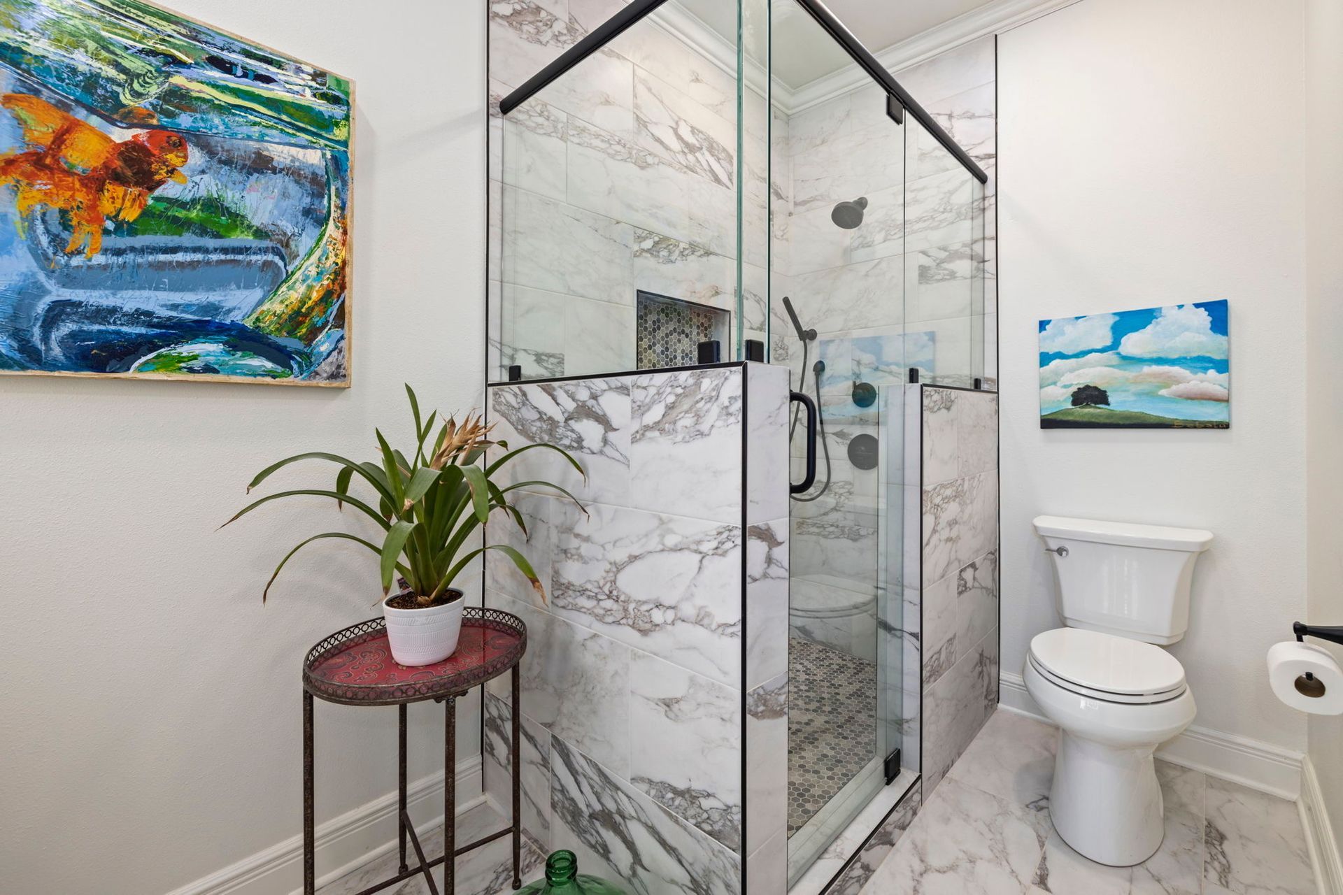 A bathroom with white brick walls and a bathtub