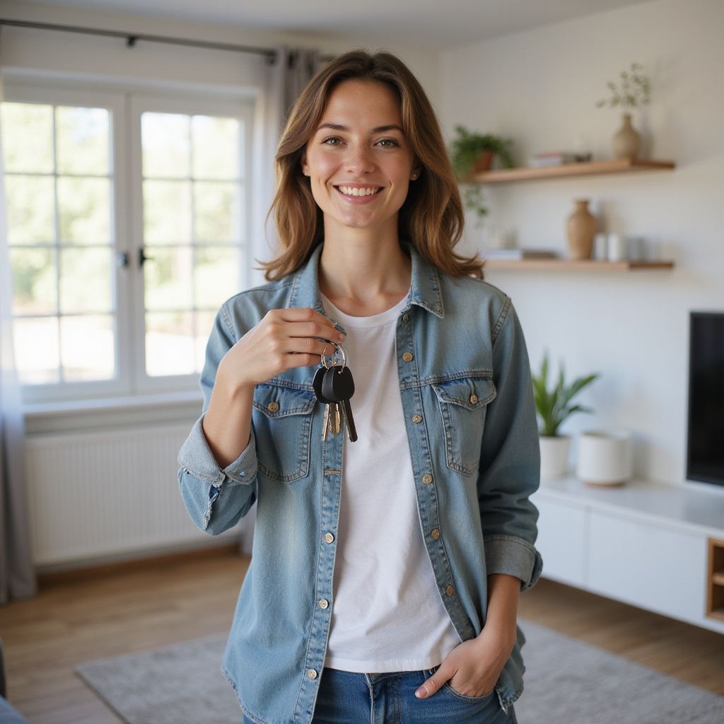 Woman in a denim shirt smiles, holding keys in a bright, cozy living room.