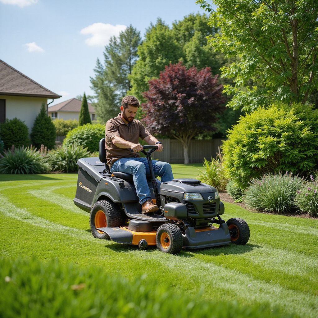 Man riding a black and orange lawn tractor, mowing a green lawn. Sunny day in a suburban yard.