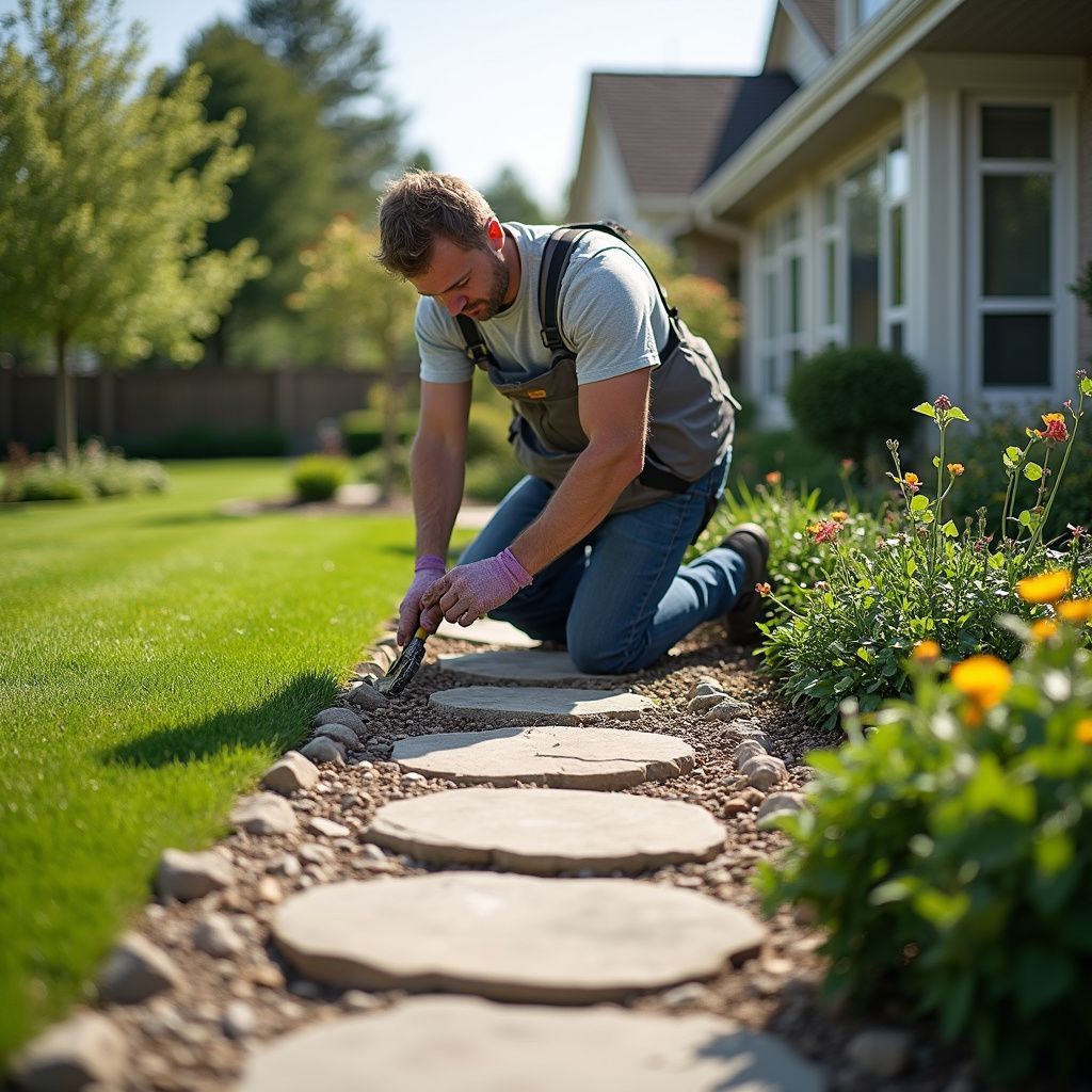 Man kneeling, working on a stone path in a garden with flowers and a house in the background.