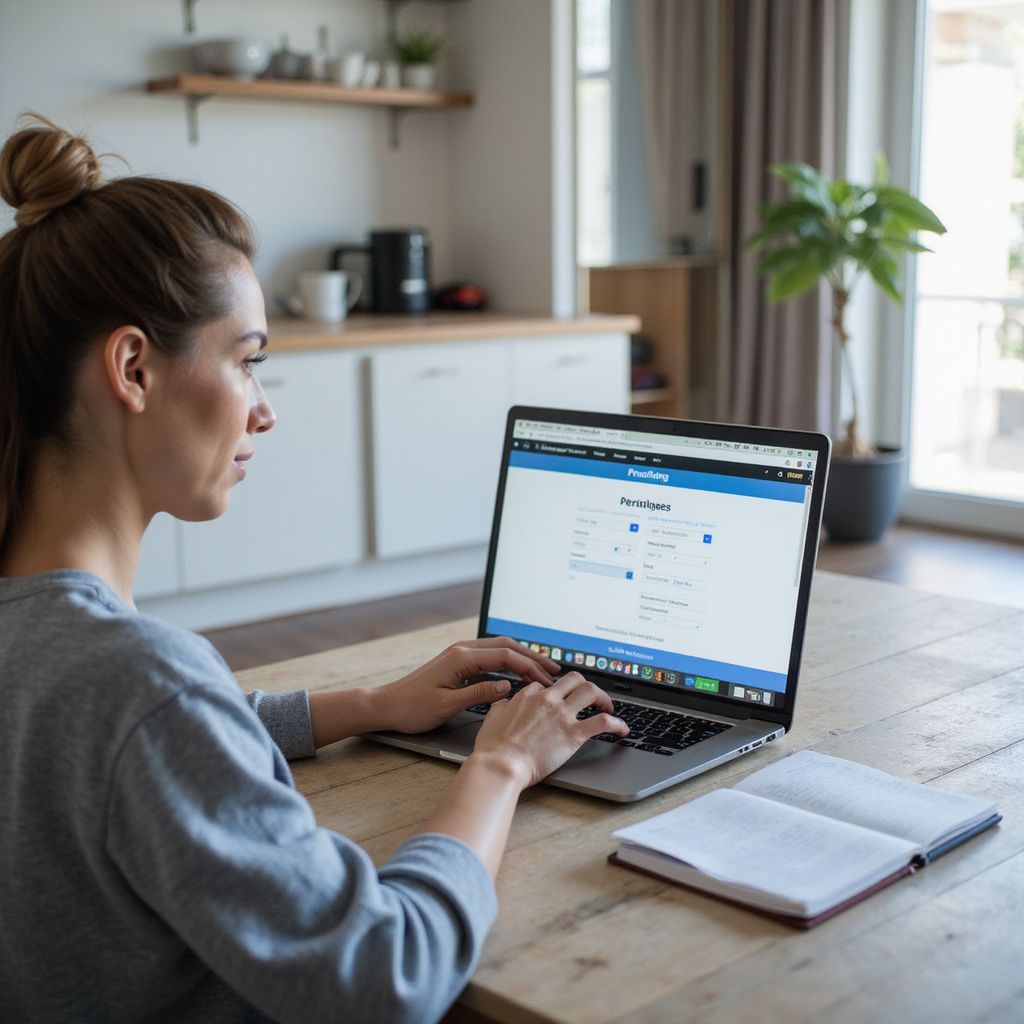 Woman at a wooden table, using a laptop, with a notebook. Working in a home office setting.