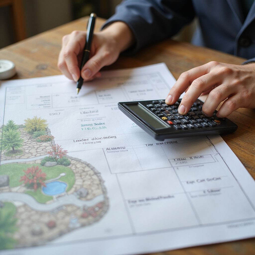 Person calculating cost for a landscaping design with a calculator and pen.