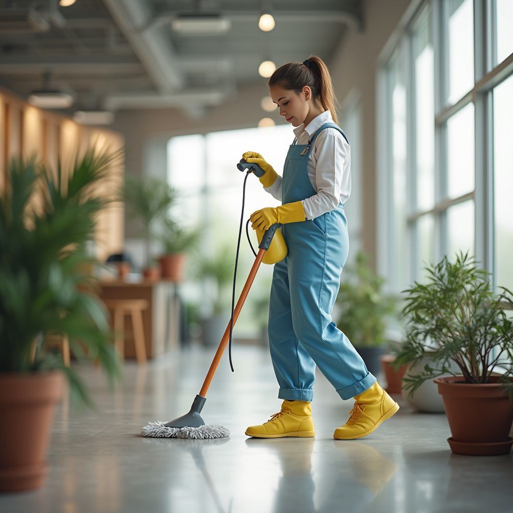 Woman in blue overalls and yellow gloves mops a brightly lit office floor.
