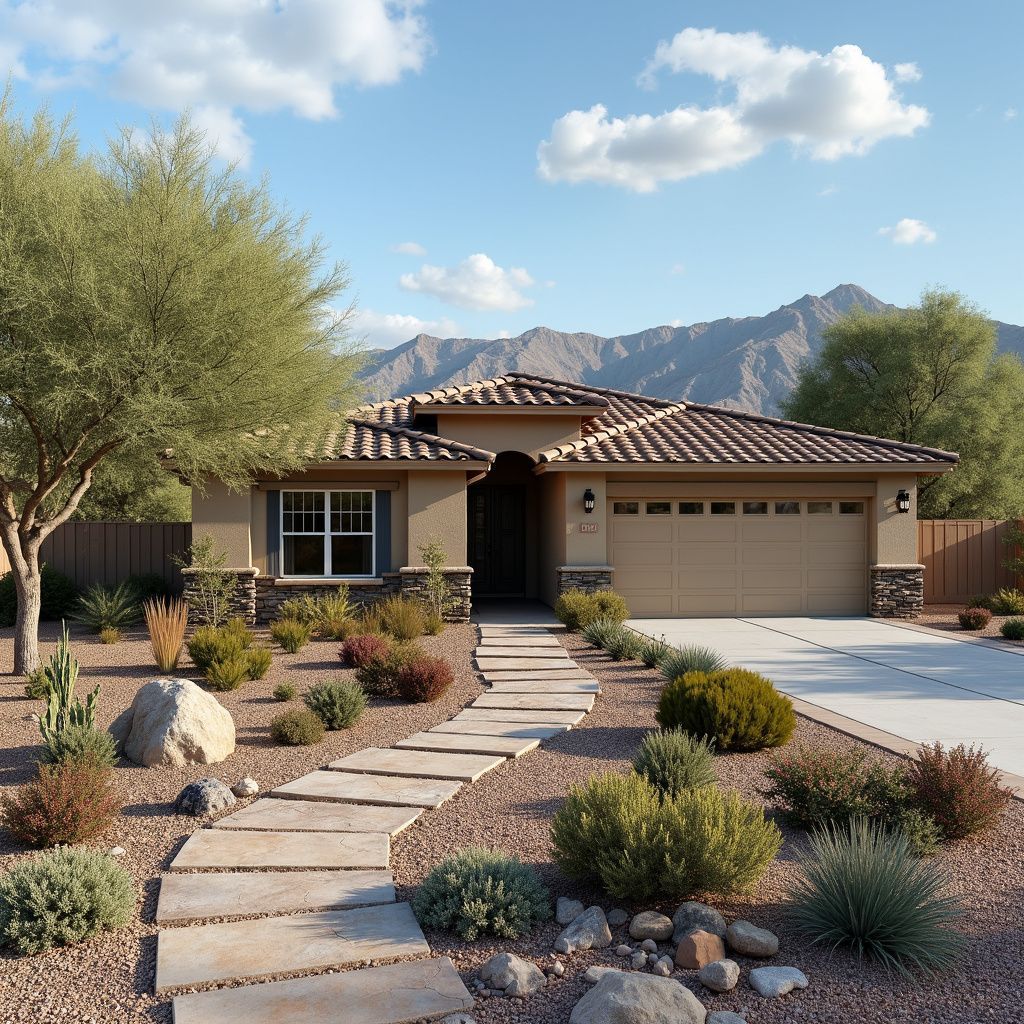 Tan stucco home with stone walkway, desert landscaping, and mountain backdrop under a blue sky.