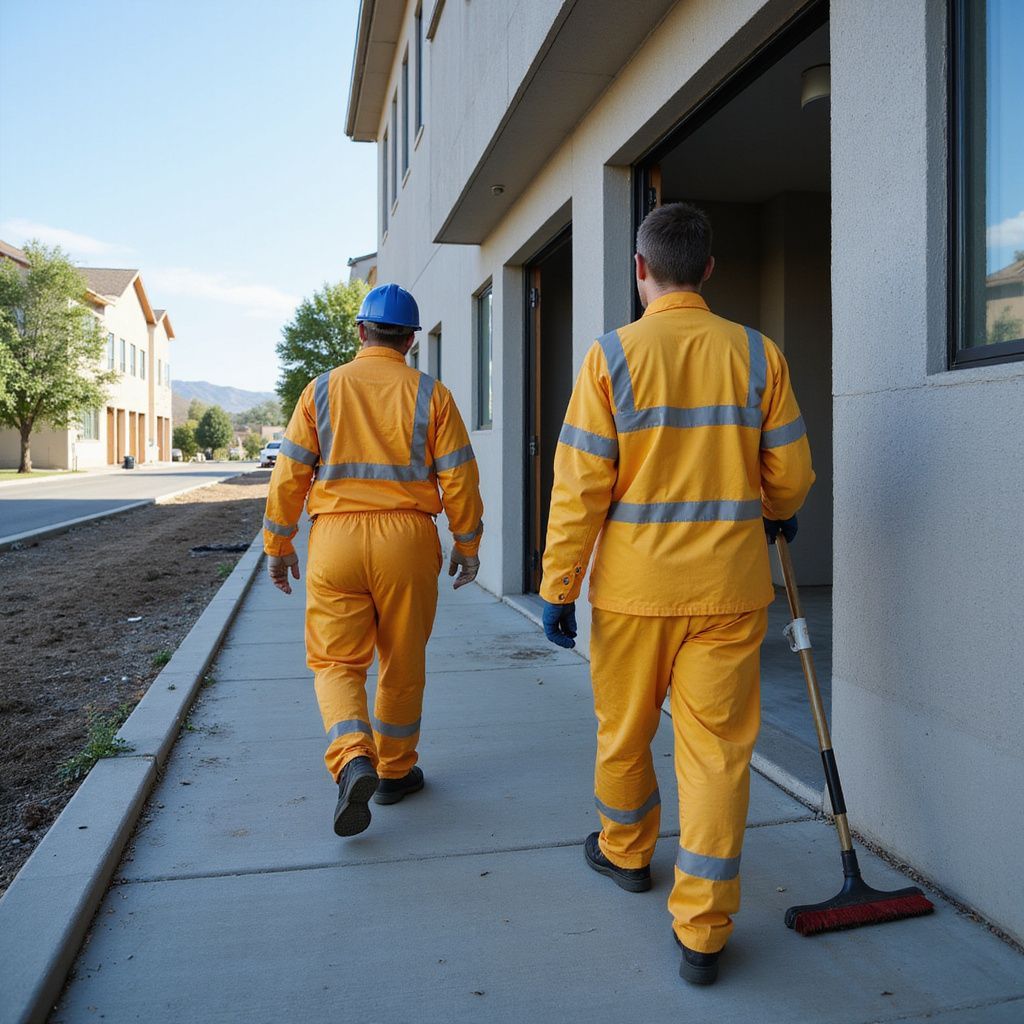Two workers in orange jumpsuits walking on a sidewalk near a building, one with a broom, sunny day.