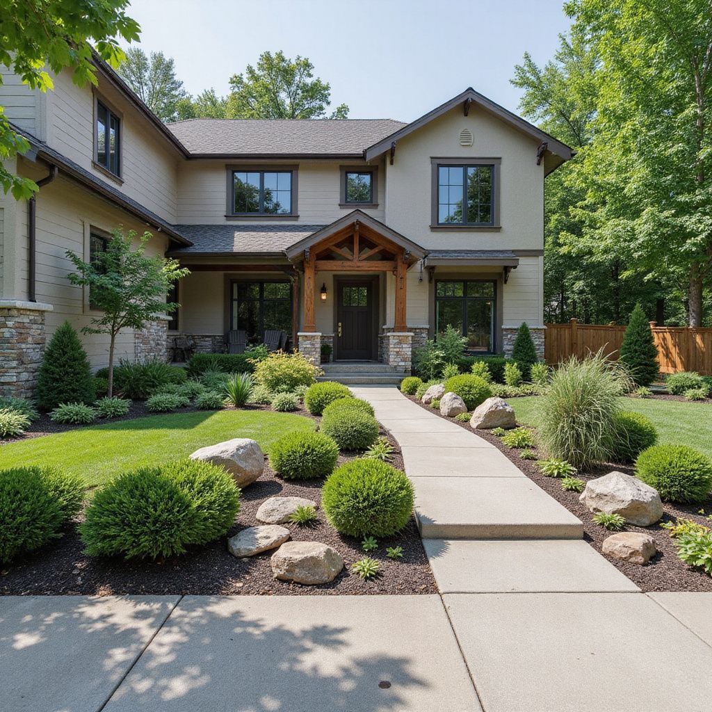 Beige house with stone accents, lush landscaping, and a concrete walkway leading to the front door.