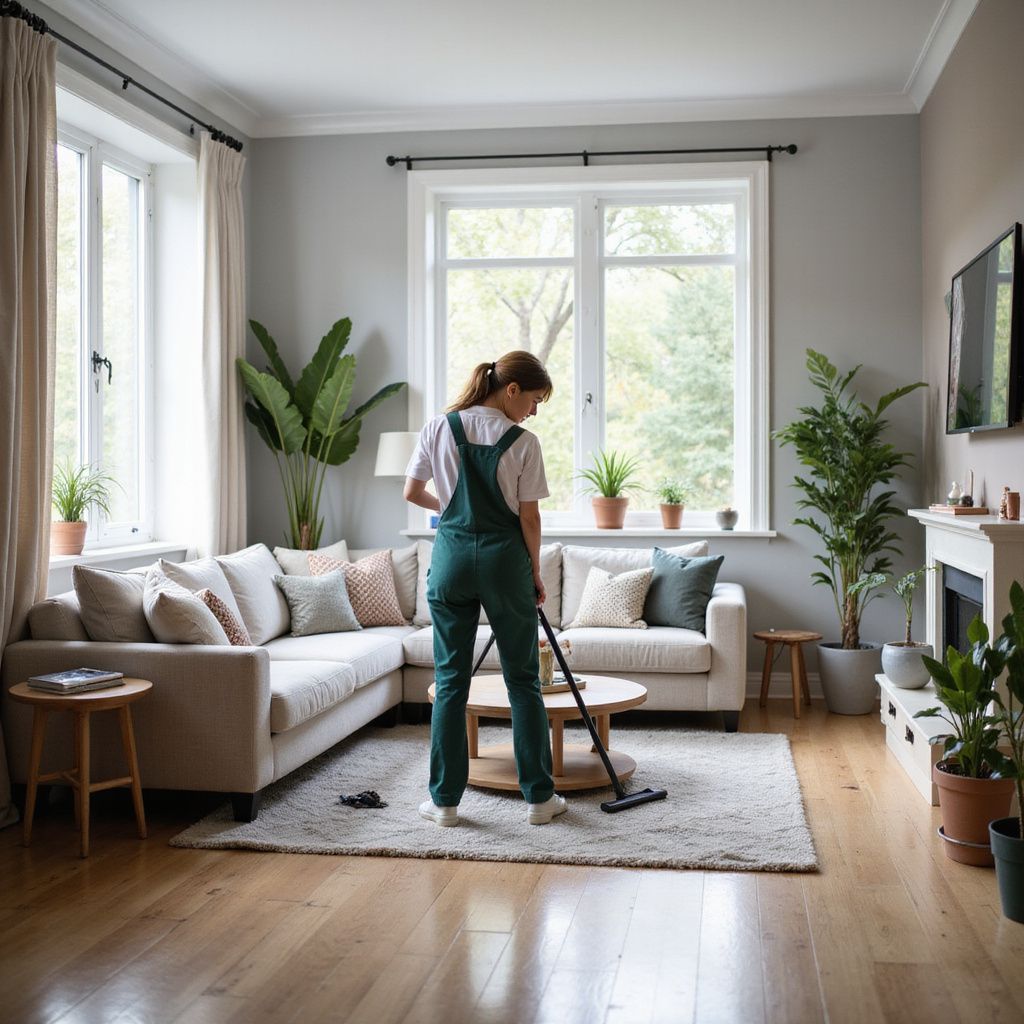 Woman in green overalls vacuums a living room with a neutral-colored couch and multiple plants.