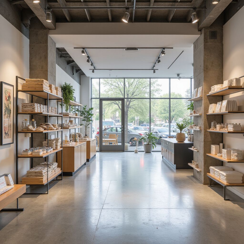 A modern retail space with wooden shelving, concrete floors, and a large storefront window displaying goods.