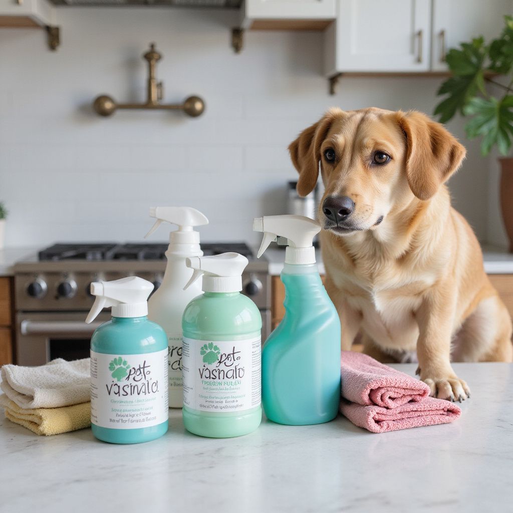 Golden retriever with cleaning products on a kitchen counter.