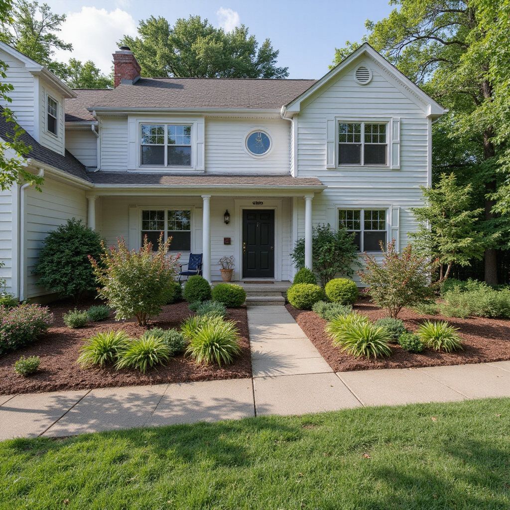 White two-story house with a dark door, surrounded by landscaping and a green lawn.