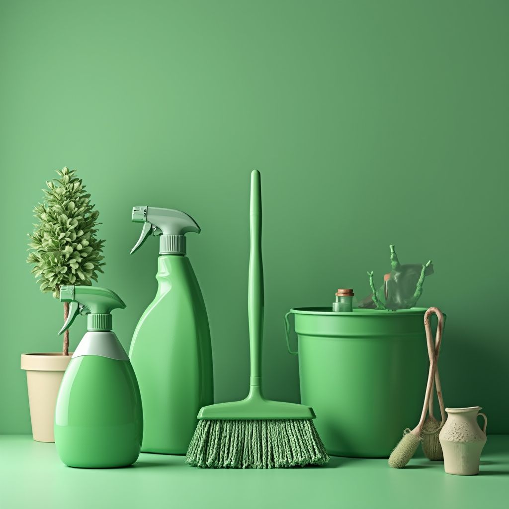 Green cleaning supplies, including spray bottles, broom, bucket, and a potted plant, on a green surface.