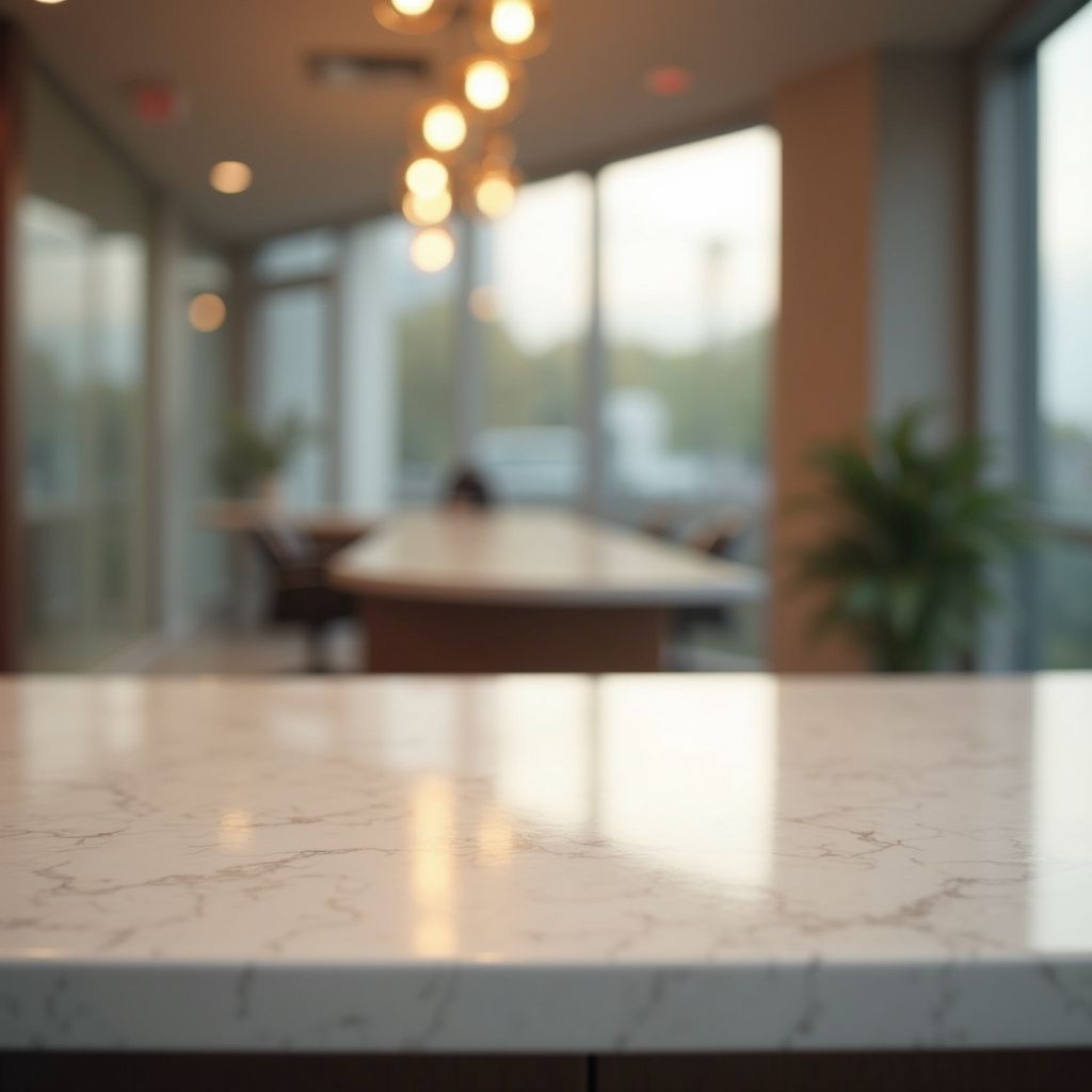Marble countertop with blurred office interior, table, and plants in the background.