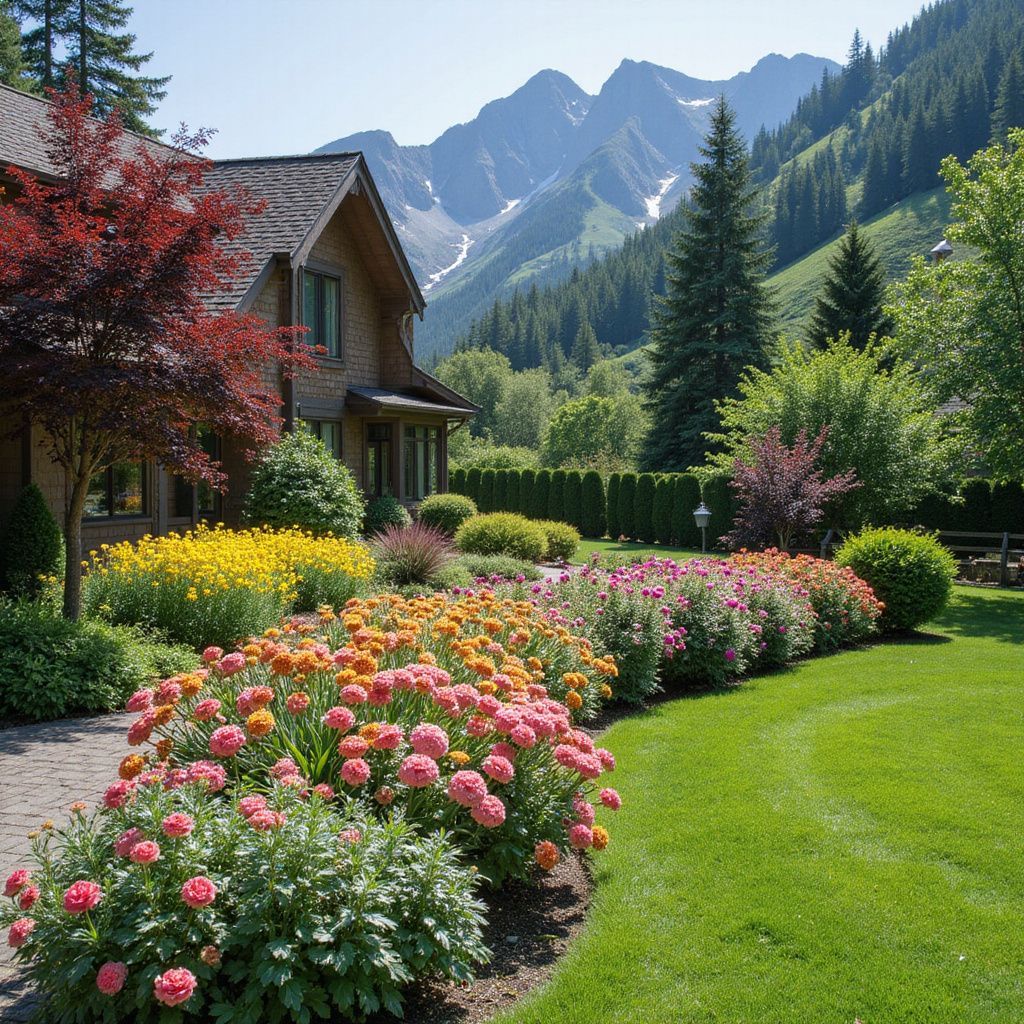 House with garden and mountain backdrop, featuring colorful flower beds and lush green lawn.