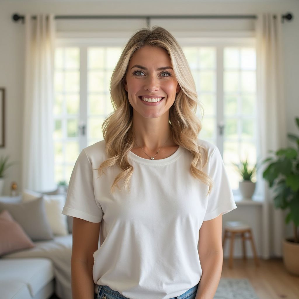 Woman with blonde hair smiles in front of a living room window. She wears a white t-shirt.
