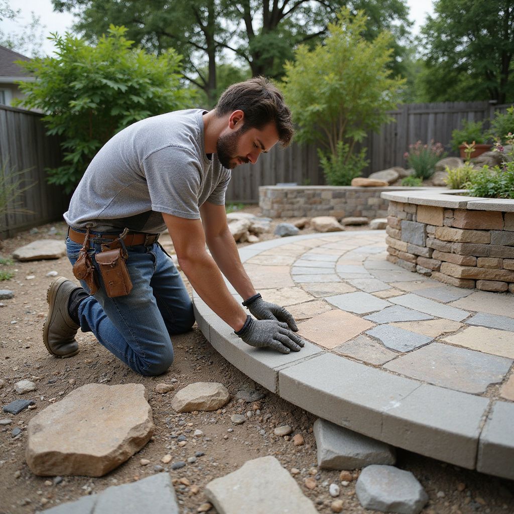 Man kneeling, placing stone pavers on a circular patio. Outdoors, wearing gloves and a tool belt.