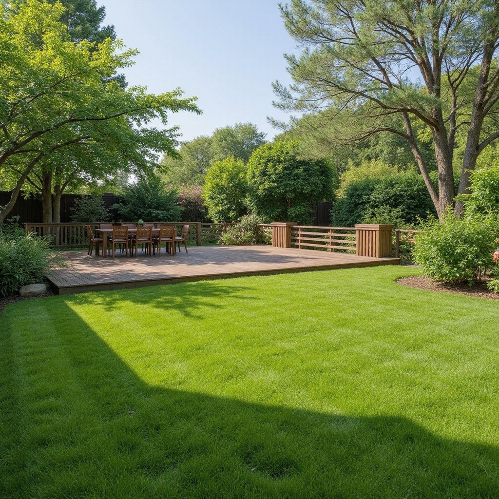 Lush green lawn leads to a wooden deck with a dining table surrounded by trees on a sunny day.
