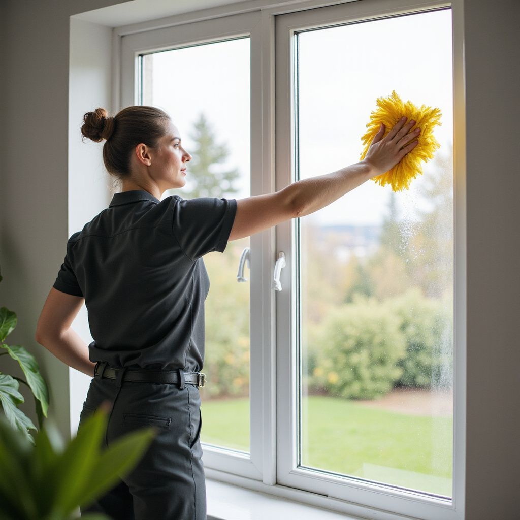 Woman cleaning a window with a yellow microfiber cloth; outdoors visible through the glass.